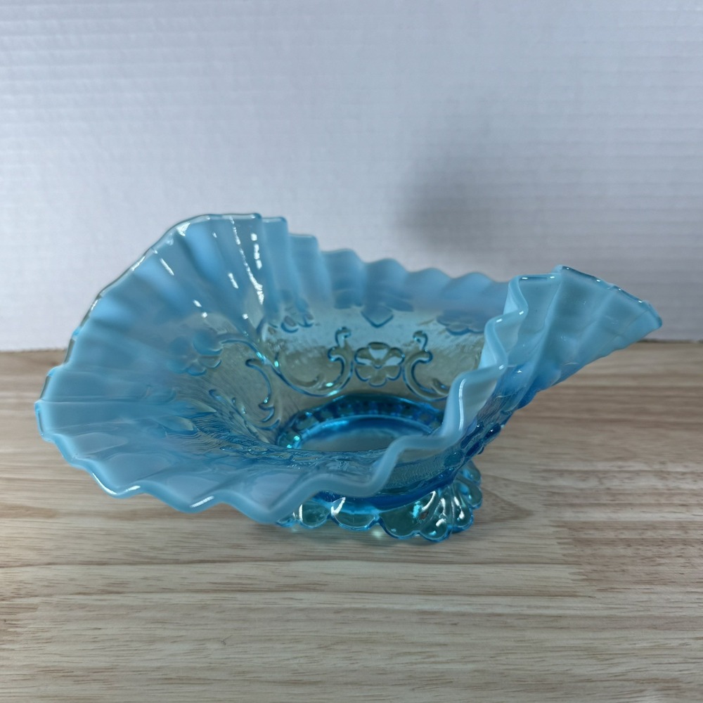 Beaumont Blue Ruffle Edge Opalescent Floral Design Novelty Bowl Two Sides Up